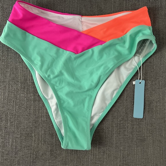 Popvil Other - Popvil Neon Color Block High Waisted Bikini Bottom Pink Orange Mint SZ MED NWT